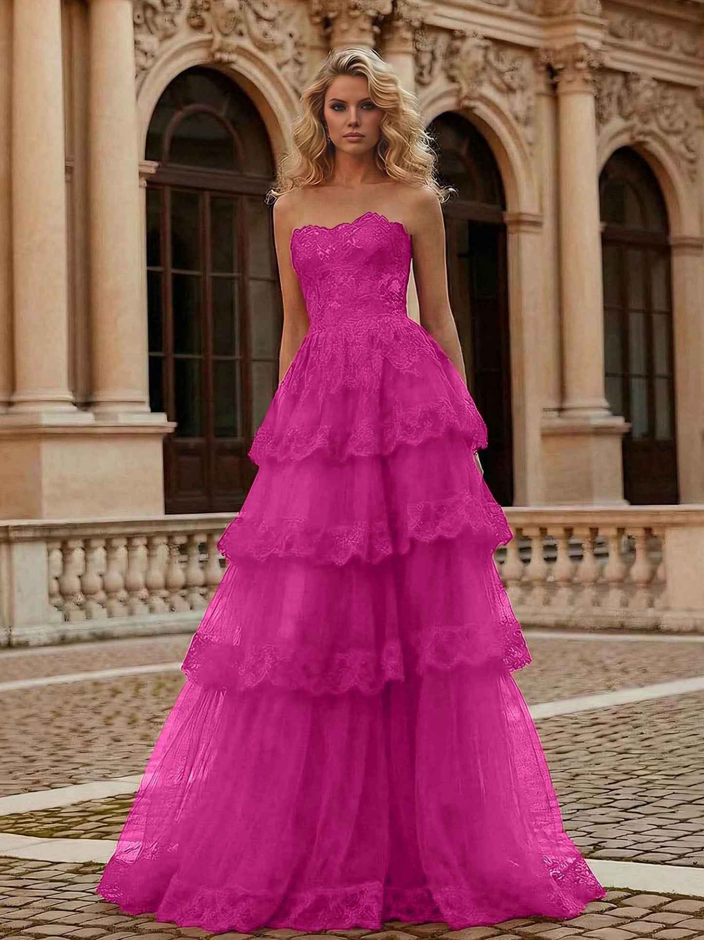 Red Tiered Tulle Strapless Lace Bodice A-Line Long Prom Dress