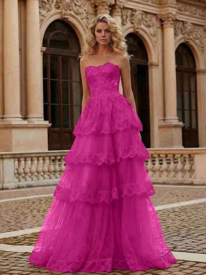Red Tiered Tulle Strapless Lace Bodice A-Line Long Prom Dress