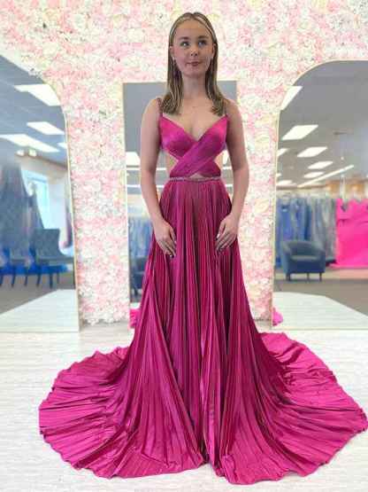 Fuchsia A Line Sequin Strap Pleated Long Prom Dress with Keyhole