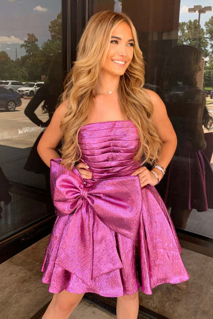 Fuchsia A-Line Ruched Short Homecoming Dress with Bow