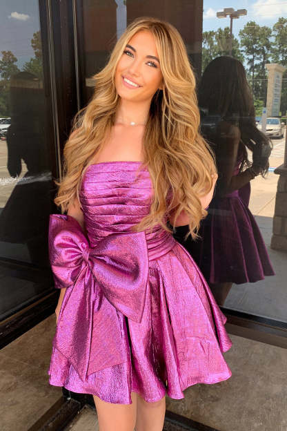 Fuchsia A-Line Ruched Short Homecoming Dress with Bow