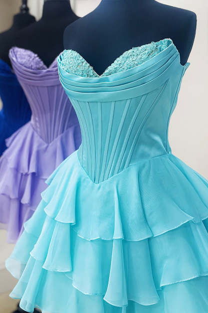 Fuchsia A Line Sweetheart Short Corset Homecoming Dress with Ruffles