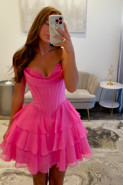 Fuchsia A Line Sweetheart Short Corset Homecoming Dress with Ruffles