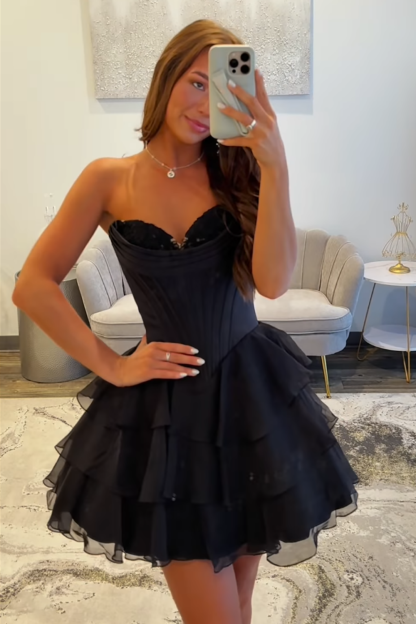 Fuchsia A Line Sweetheart Short Corset Homecoming Dress with Ruffles