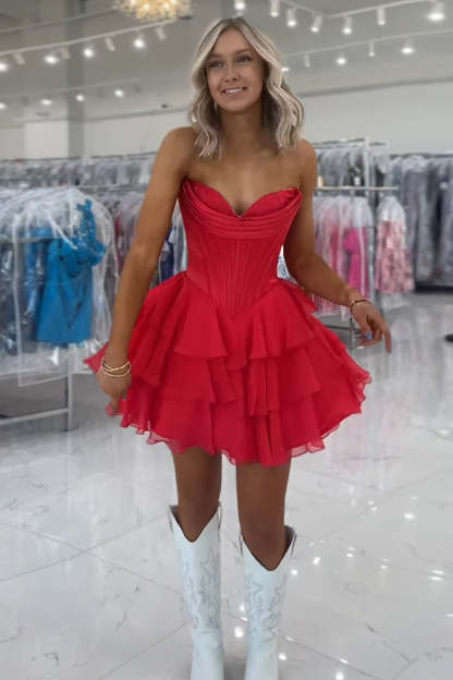 Fuchsia A Line Sweetheart Short Corset Homecoming Dress with Ruffles