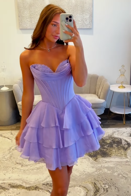 Fuchsia A Line Sweetheart Short Corset Homecoming Dress with Ruffles