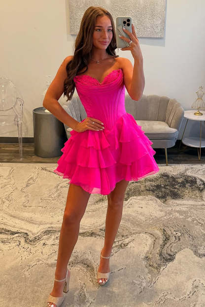 Fuchsia A Line Sweetheart Short Corset Homecoming Dress with Ruffles