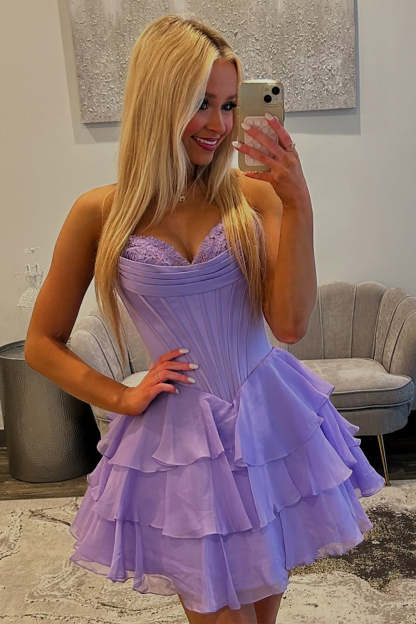 Fuchsia A Line Sweetheart Short Corset Homecoming Dress with Ruffles