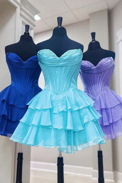 Fuchsia A Line Sweetheart Short Corset Homecoming Dress with Ruffles
