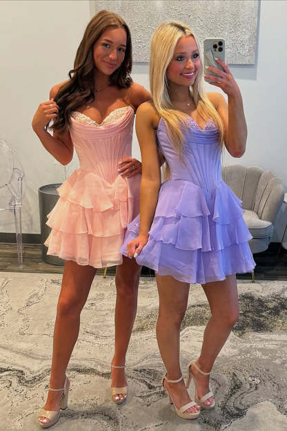 Fuchsia A Line Sweetheart Short Corset Homecoming Dress with Ruffles