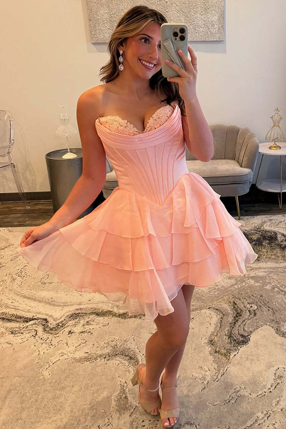 Fuchsia A Line Sweetheart Short Corset Homecoming Dress with Ruffles