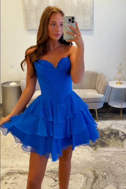 Fuchsia A Line Sweetheart Short Corset Homecoming Dress with Ruffles