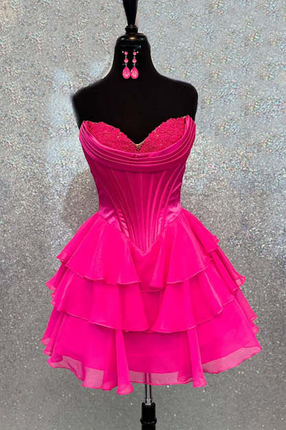 Fuchsia A Line Sweetheart Short Corset Homecoming Dress with Ruffles