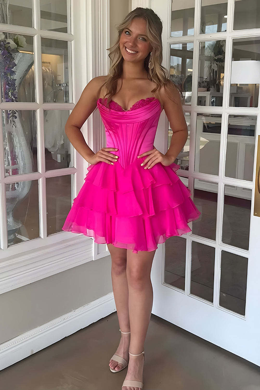 Fuchsia A Line Sweetheart Short Corset Homecoming Dress with Ruffles