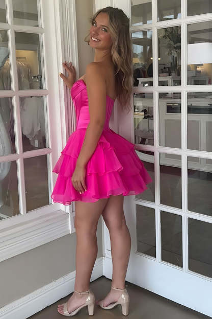 Fuchsia A Line Sweetheart Short Corset Homecoming Dress with Ruffles
