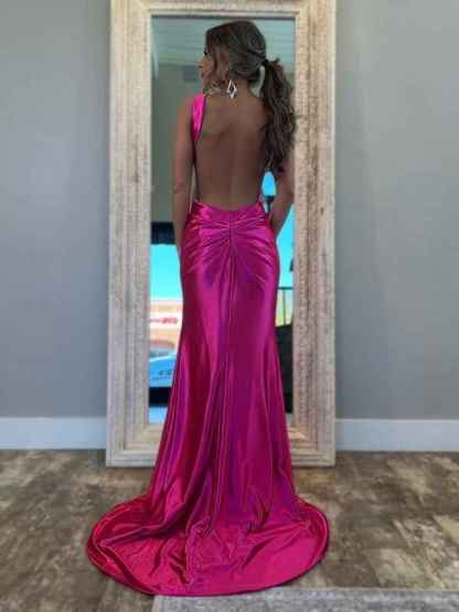 Fuchsia Mermaid Halter Keyhole Satin Long Prom Dress with Slit