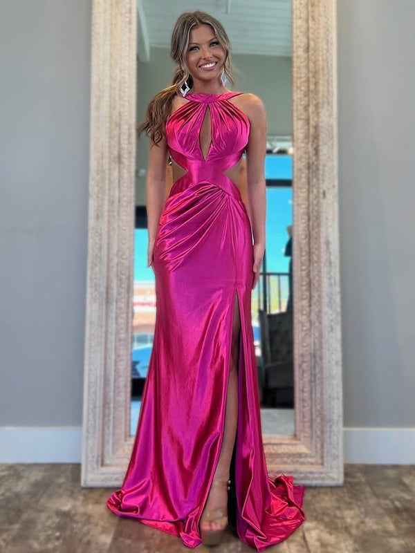 Fuchsia Mermaid Halter Keyhole Satin Long Prom Dress with Slit
