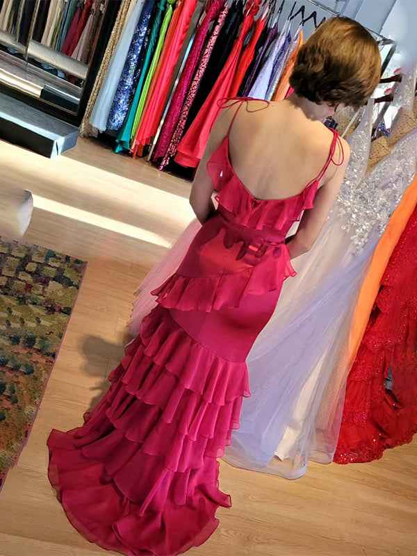 Fuchsia Mermaid Spaghetti Straps Ruffles Long Prom Party Dress