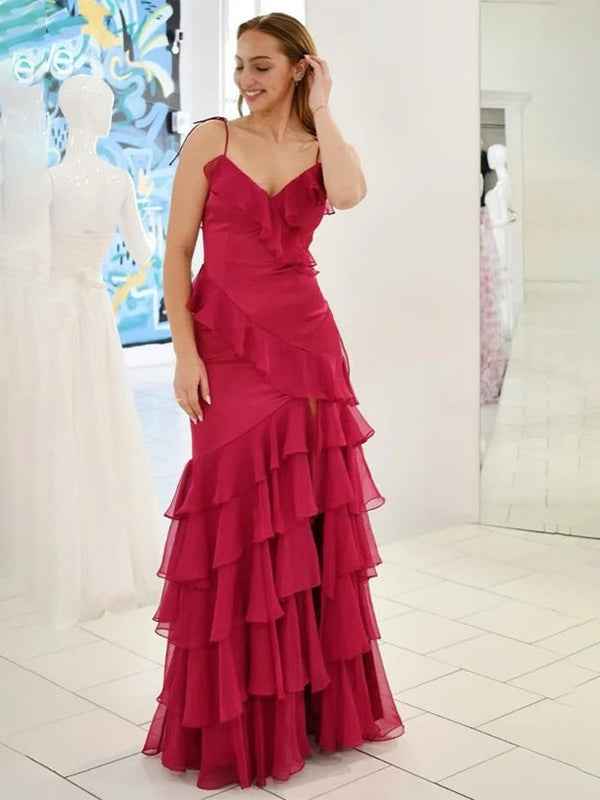 Fuchsia Mermaid Spaghetti Straps Ruffles Long Prom Party Dress