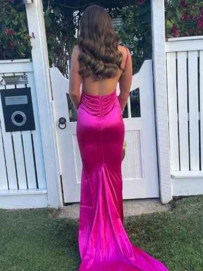 Fuchsia Mermaid Spaghetti Straps V Neck Plunge Satin Long Prom Dress