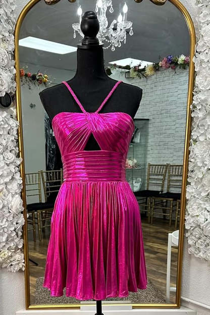 Fuchsia Metallic Spaghetti Straps Pleated A-Line Short Homecoming Dress