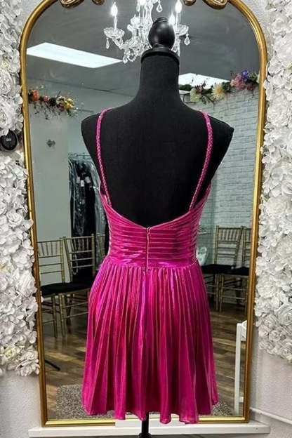 Fuchsia Metallic Spaghetti Straps Pleated A-Line Short Homecoming Dress