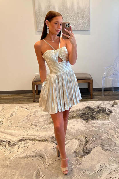 Metallic Golden Spaghetti Straps Pleated A-Line Short Homecoming Dress