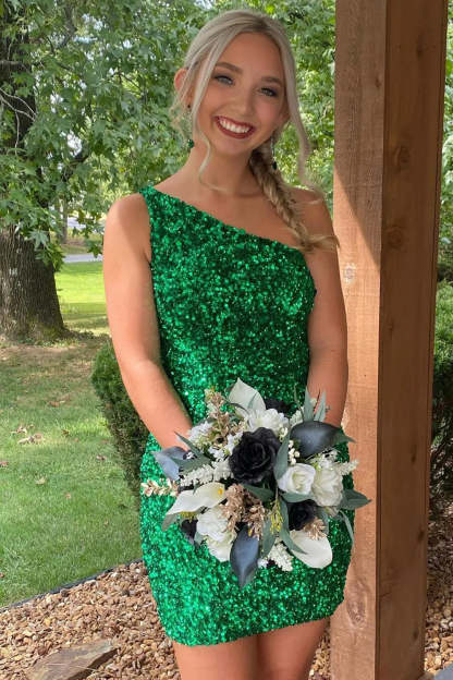 Fuchsia Sequins One Shoulder Homecoming Dress