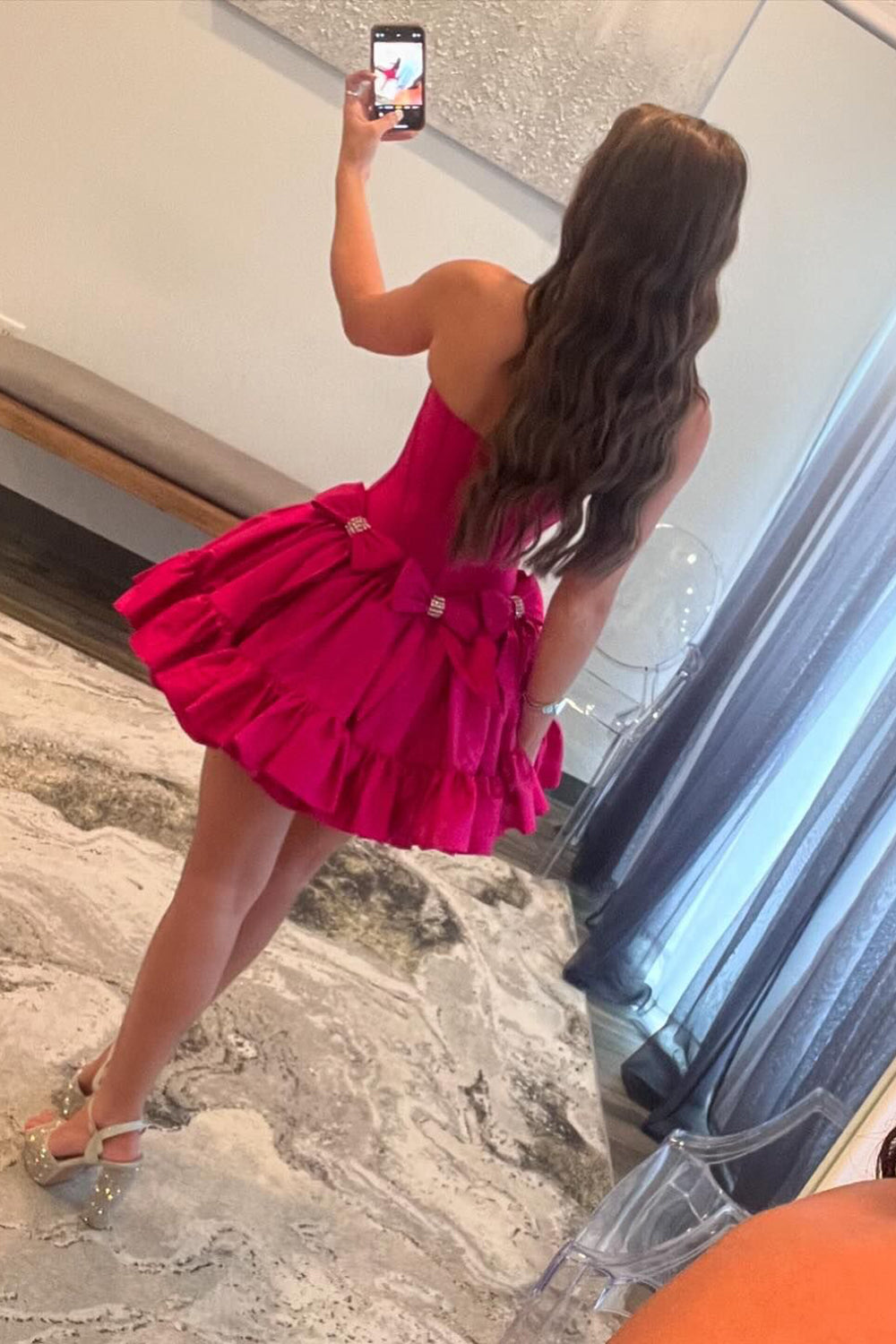 Fuchsia Strapless A-Line Satin Short Homecoming Dress with Bow