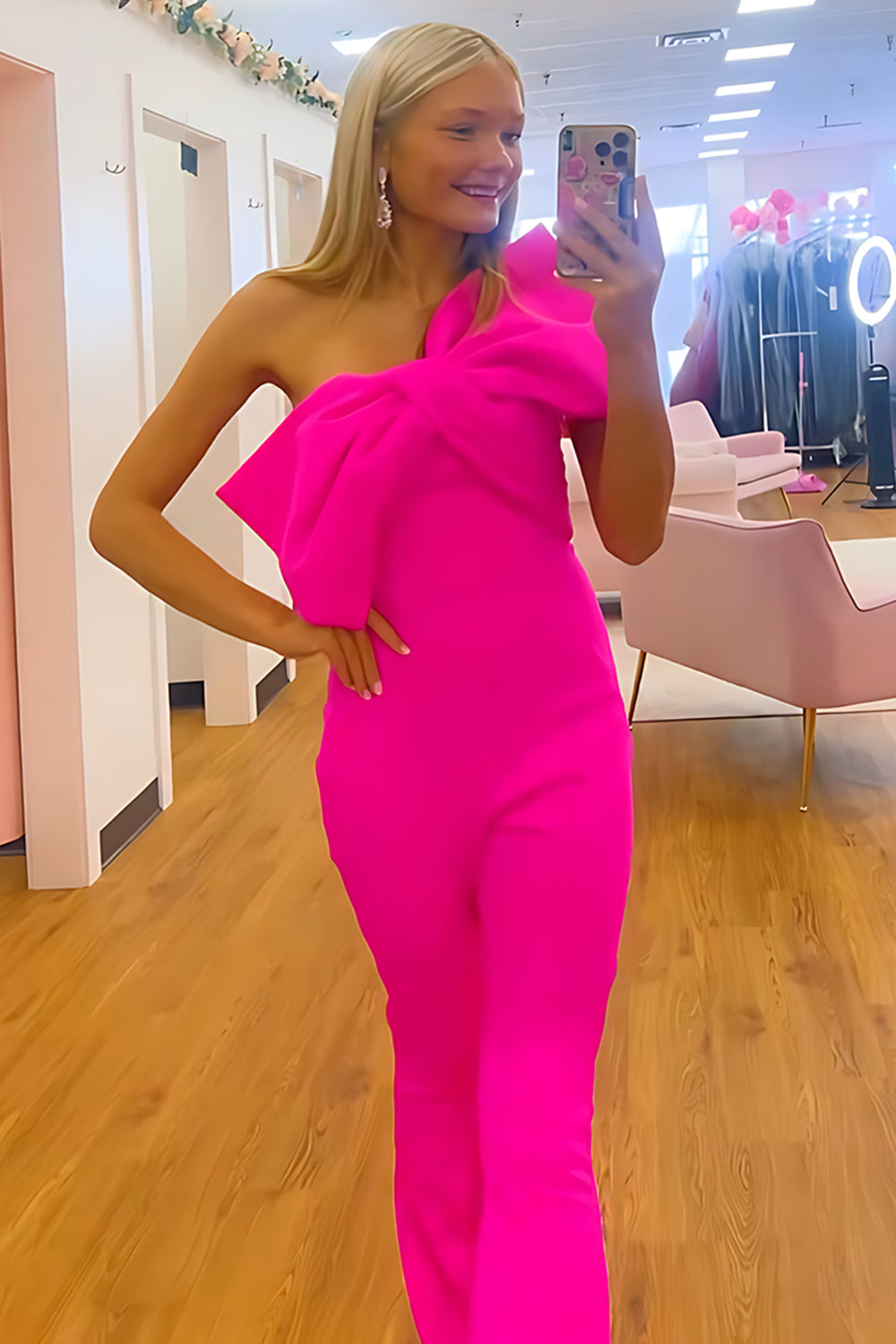 Fuchsia Strapless Satin Tight Long Homecoming Jumpsuits with Bow