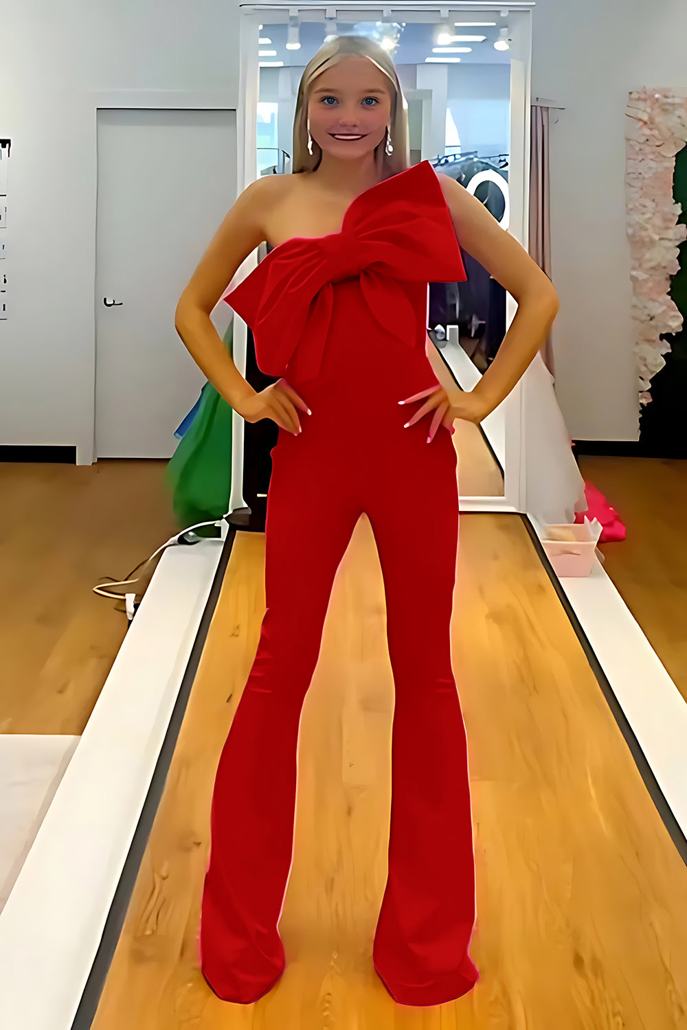 Fuchsia Strapless Satin Tight Long Homecoming Jumpsuits with Bow