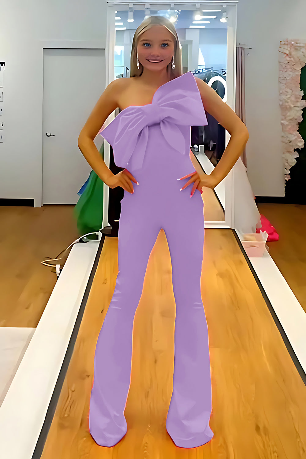 Fuchsia Strapless Satin Tight Long Homecoming Jumpsuits with Bow