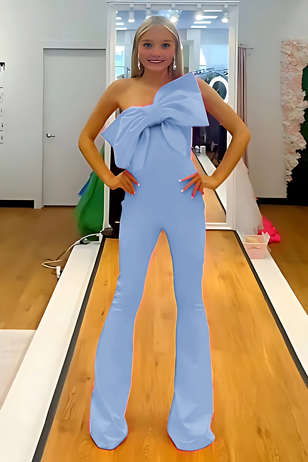 Fuchsia Strapless Satin Tight Long Homecoming Jumpsuits with Bow