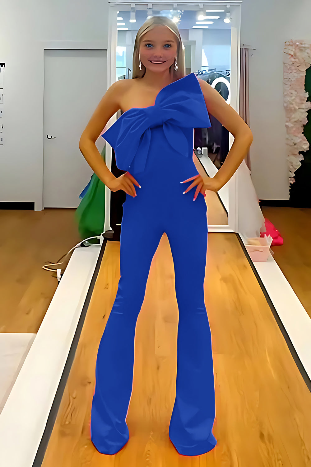 Fuchsia Strapless Satin Tight Long Homecoming Jumpsuits with Bow