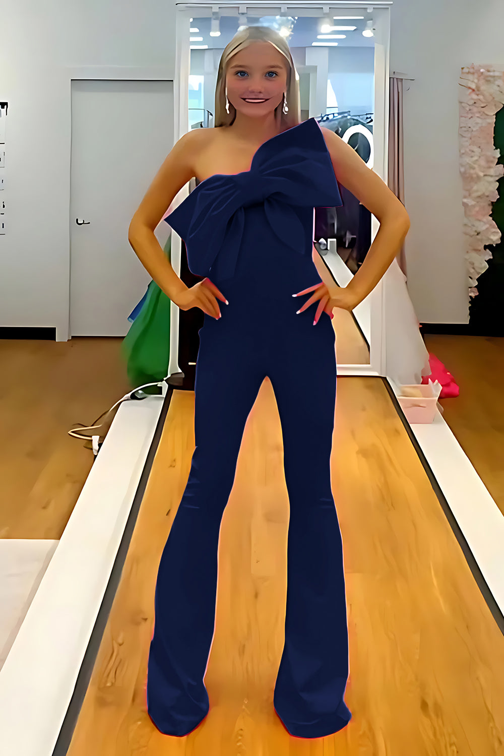 Fuchsia Strapless Satin Tight Long Homecoming Jumpsuits with Bow