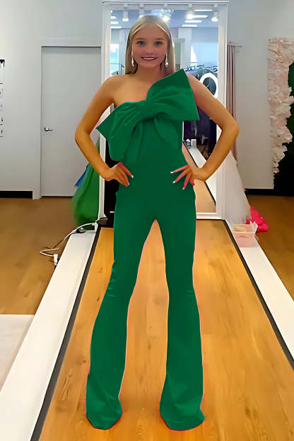 Fuchsia Strapless Satin Tight Long Homecoming Jumpsuits with Bow