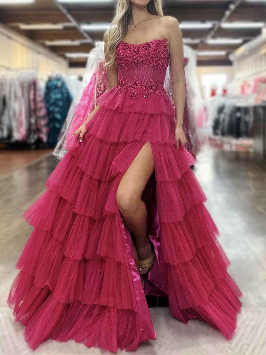 Fuchsia Strapless Tiered Ruffles Corset Prom Dress with Slit