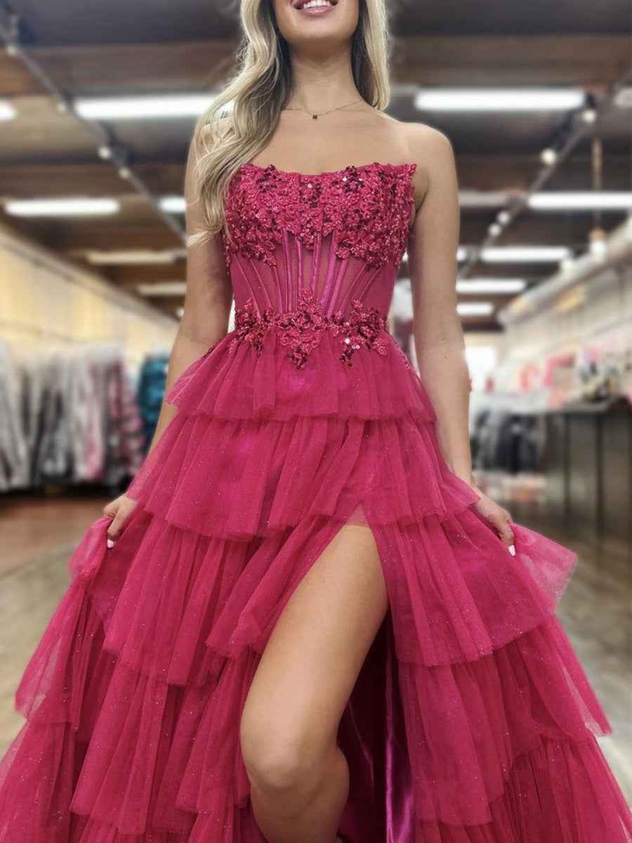 Fuchsia Strapless Tiered Ruffles Corset Prom Dress with Slit