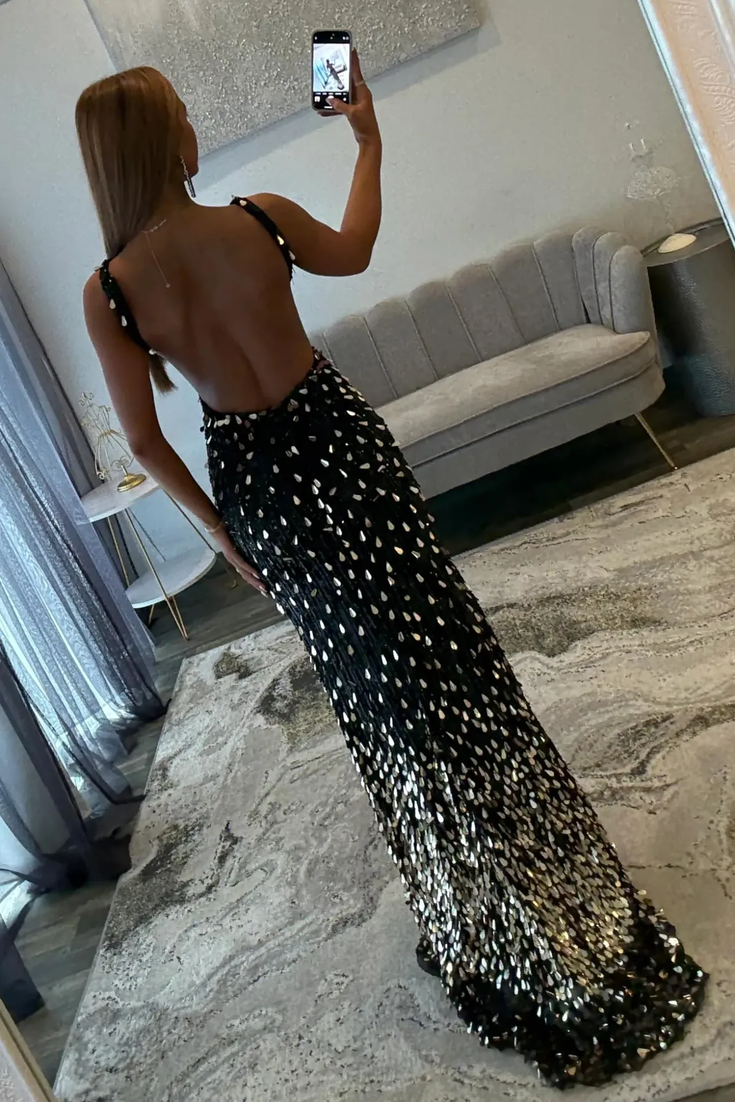 Sparkly Gold Fully Beaded Prom Dress with Deep V Neck Slit and Open Back