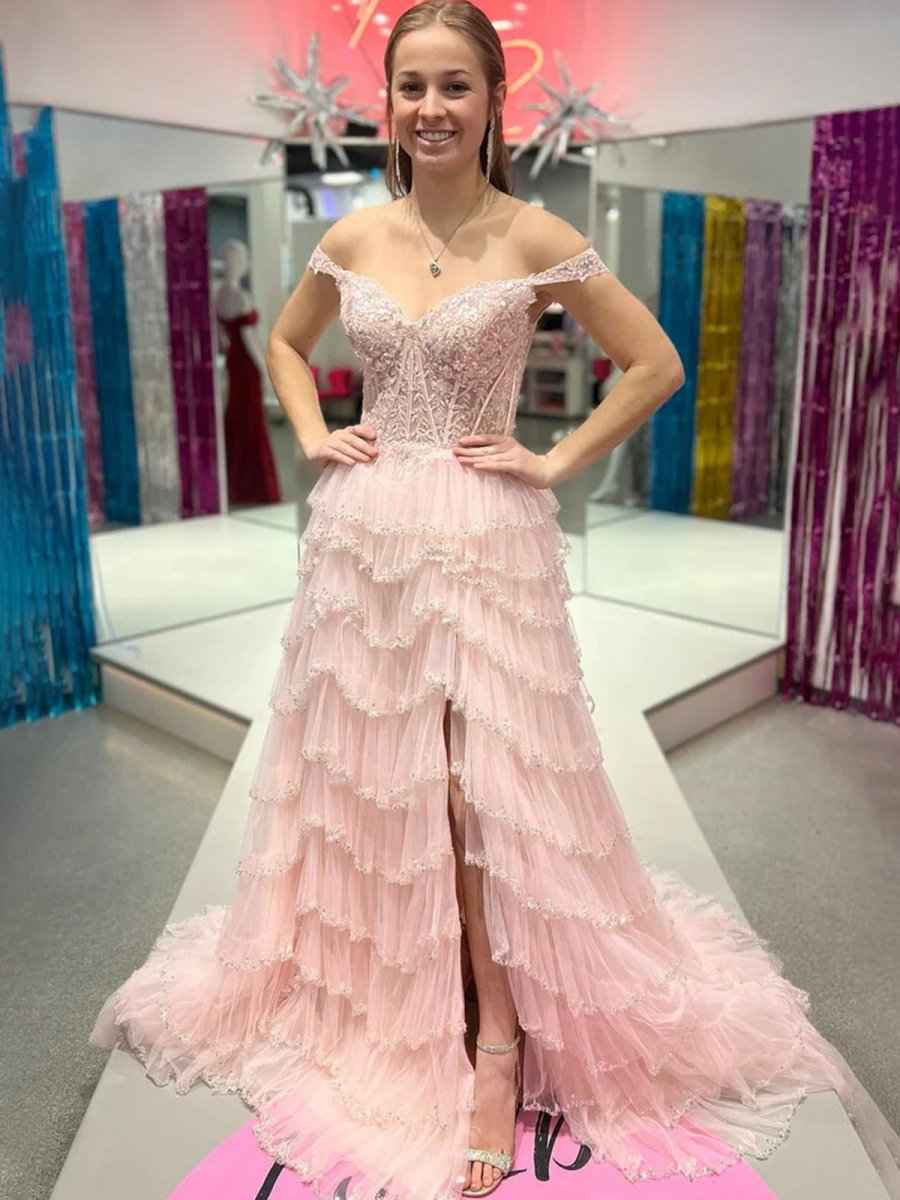 Glamorous Champagne Beaded Tiered Ruffle Corset Prom Dress with Slit