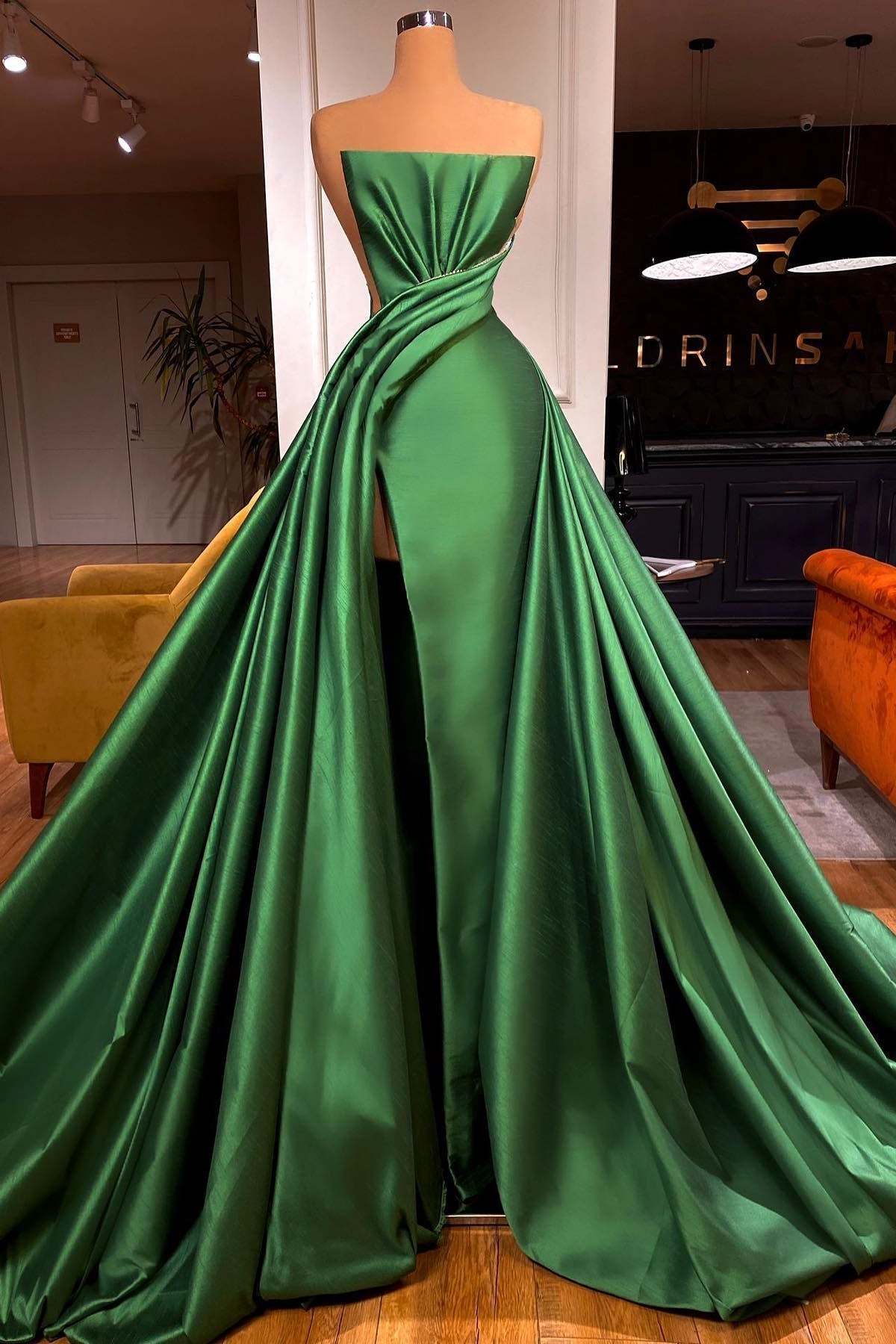 Glamorous Long A-line Strapless Split Front Sleeveless Prom Dress-BMbridal.com