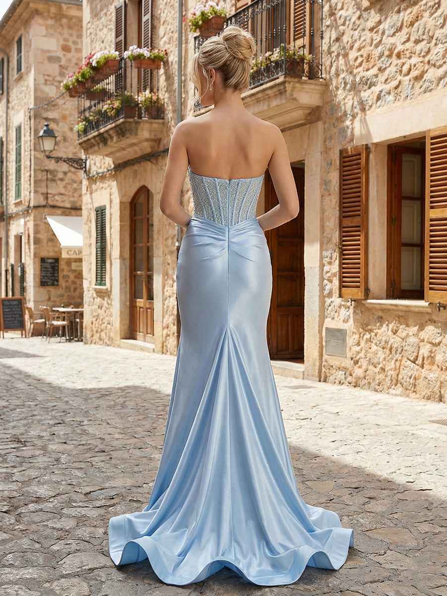 Glamorous Strapless Beaded Corset Satin Prom Dress with Slit