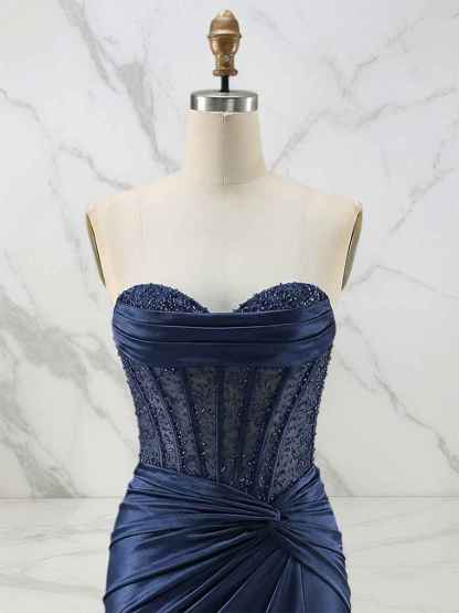 Glamorous Strapless Beaded Corset Satin Prom Dress with Slit