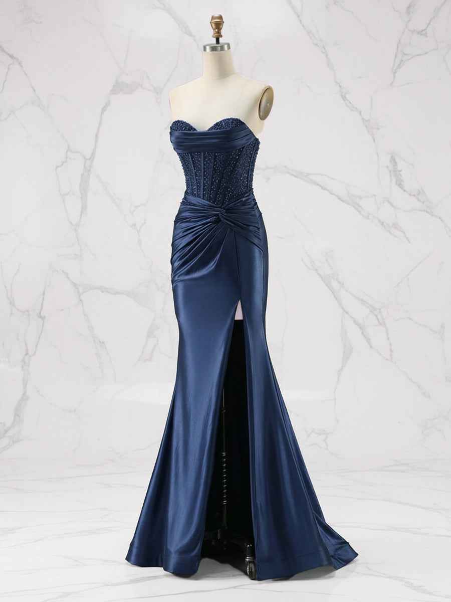 Glamorous Strapless Beaded Corset Satin Prom Dress with Slit