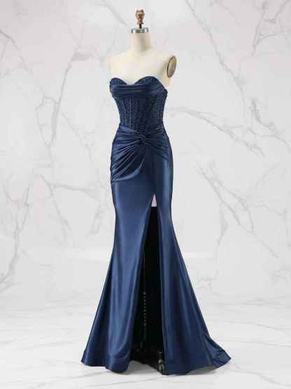 Glamorous Strapless Beaded Corset Satin Prom Dress with Slit