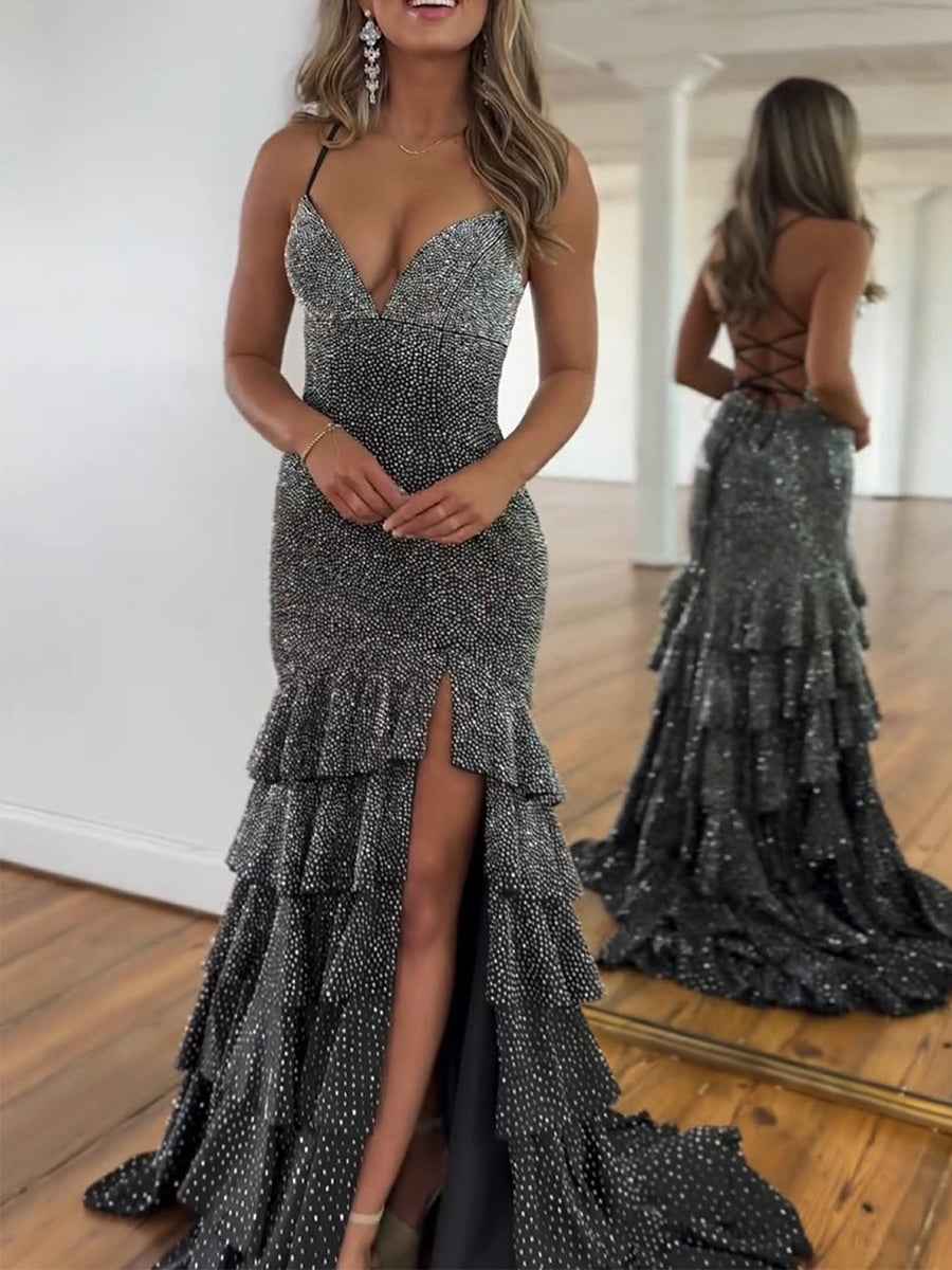 Glamorous Black Sparkle Tiered Ruffle Mermaid Prom Dress with Slit