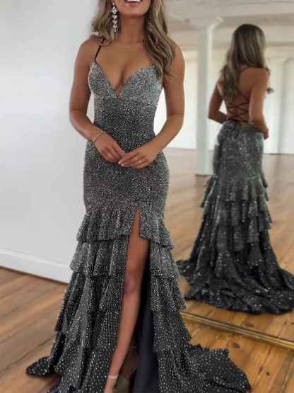 Glamorous Black Sparkle Tiered Ruffle Mermaid Prom Dress with Slit