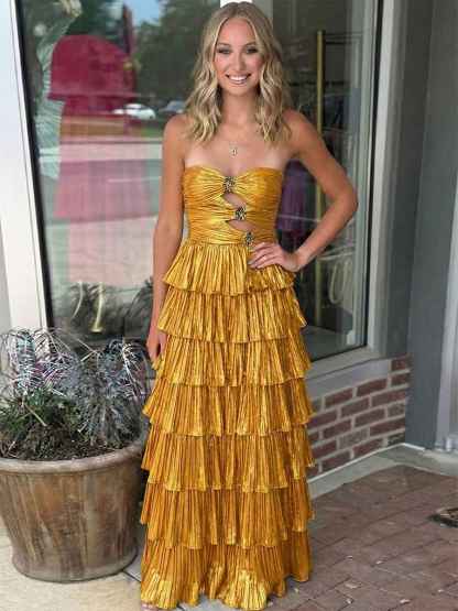 Glamorous Black Strapless Tiered Pleated Cutout Long Prom Dress