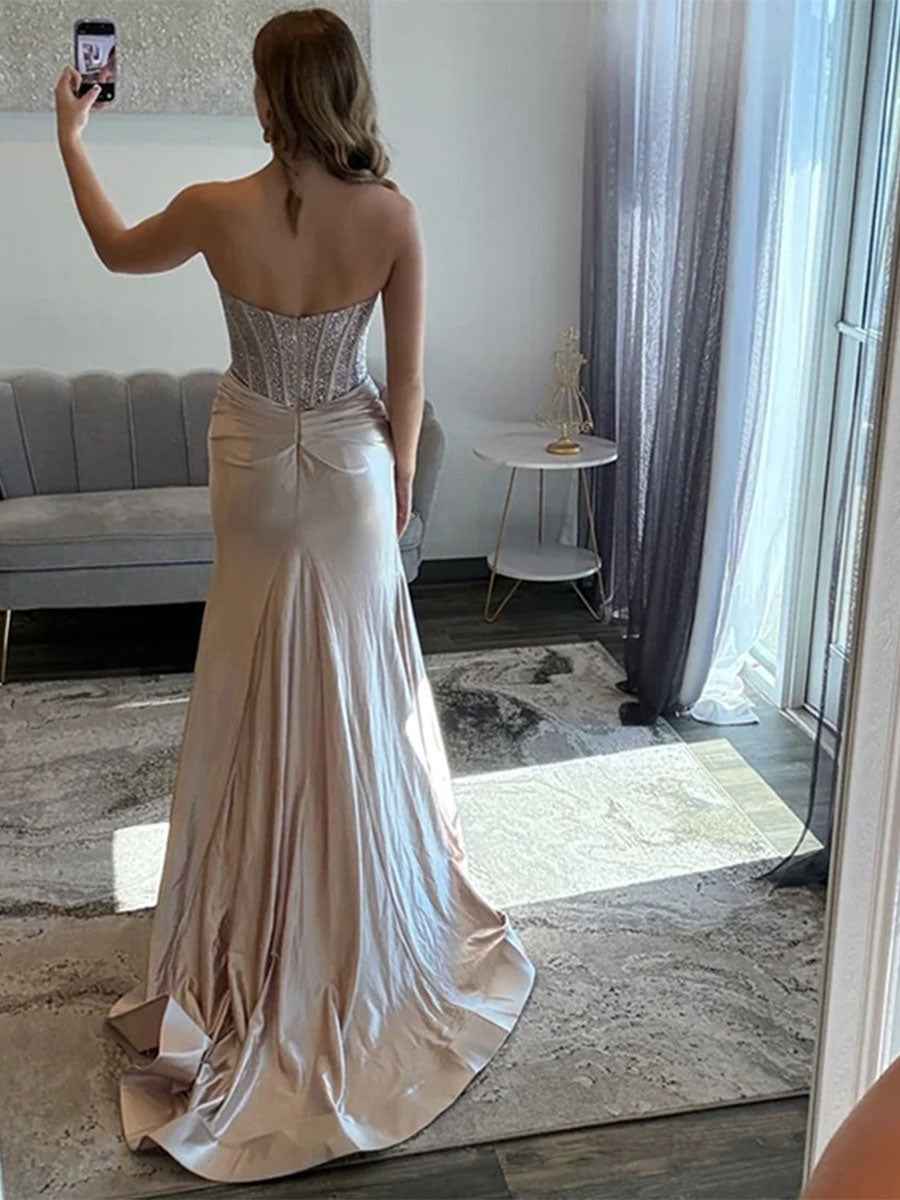 Glamorous Champagne Strapless Crystal Corset Satin Prom Dress with High Slit