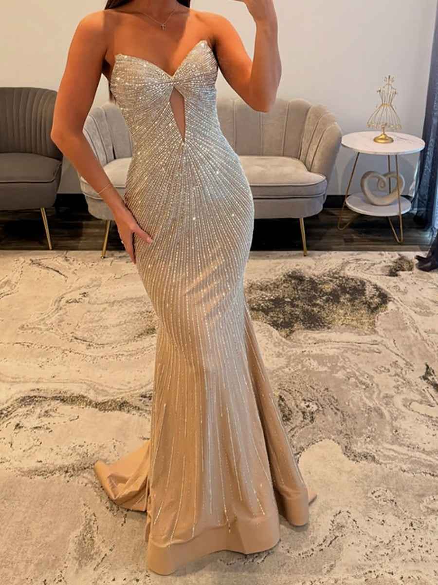 Glamorous Champagne Strapless Starburst Beaded Mermaid Prom Dress